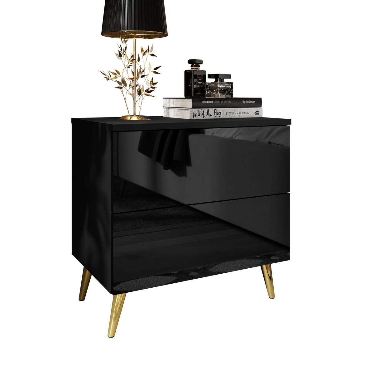 NACHTTISCH AURA PUSH OPEN mit goldenen Beinen - Schwarz, Holzwerkstoff (55/55/37cm) - Lookway