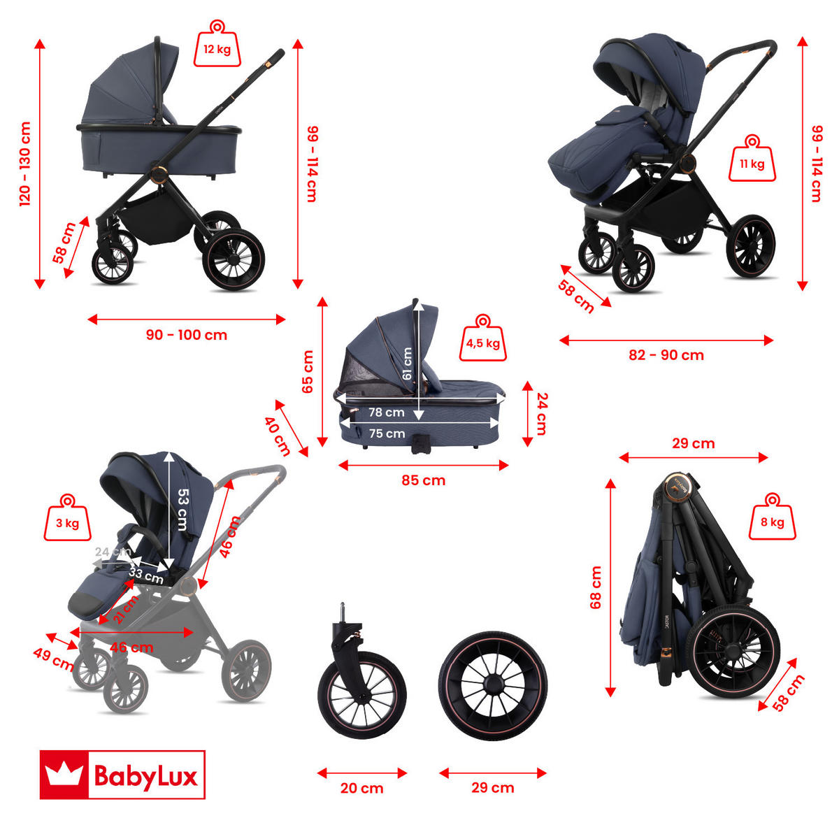 KINDERWAGEN Castor 4in1 Grau Babywanne, Reisebuggy, Autositz, Isofix Basis - Schwarz/Grau, Textil/Metall (58/98cm) - BabyLux