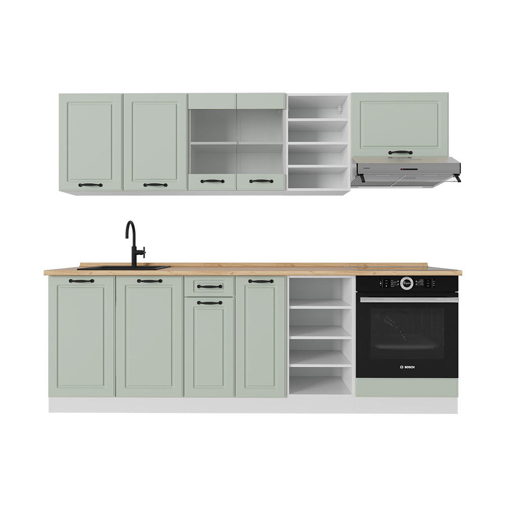 KÜCHENZEILE R-Line, Mint Landhaus/Weiß, 240 cm Arbeitsplatte Goldkraft Eiche - Weiß/Grün, Holzwerkstoff (240/206.8/60cm) - Vicco