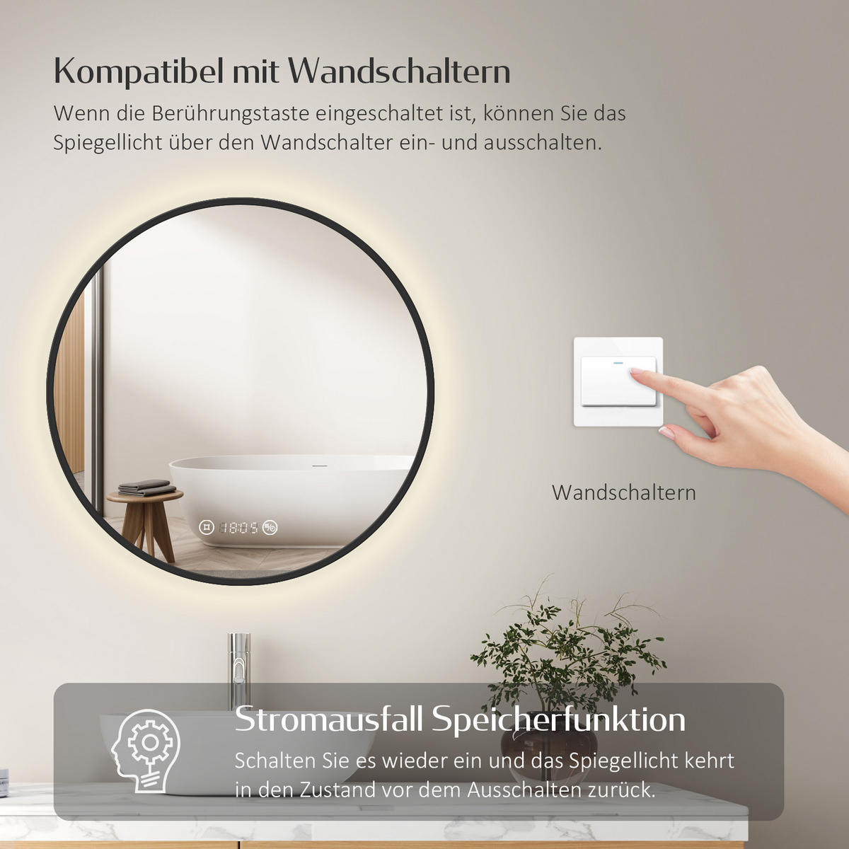 BADSPIEGEL Rund mit Beleuchtung Schwarz ф60 cm - Schwarz, Glas (60/3.1/60cm) - EMKE