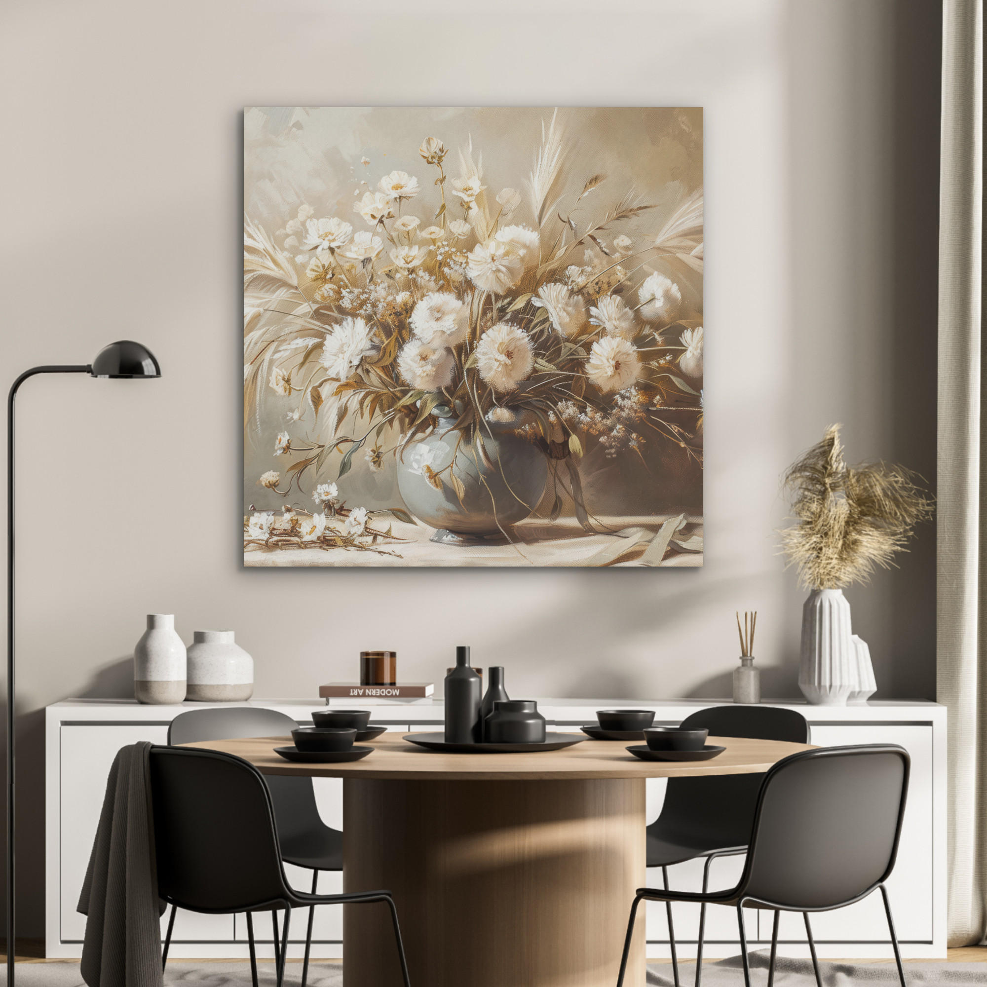 AKUSTIKPANEEL Blumen - Vase - Stilleben - Beige 90x90 cm - Creme, Textil (90/0.9/90cm) - MuchoWow