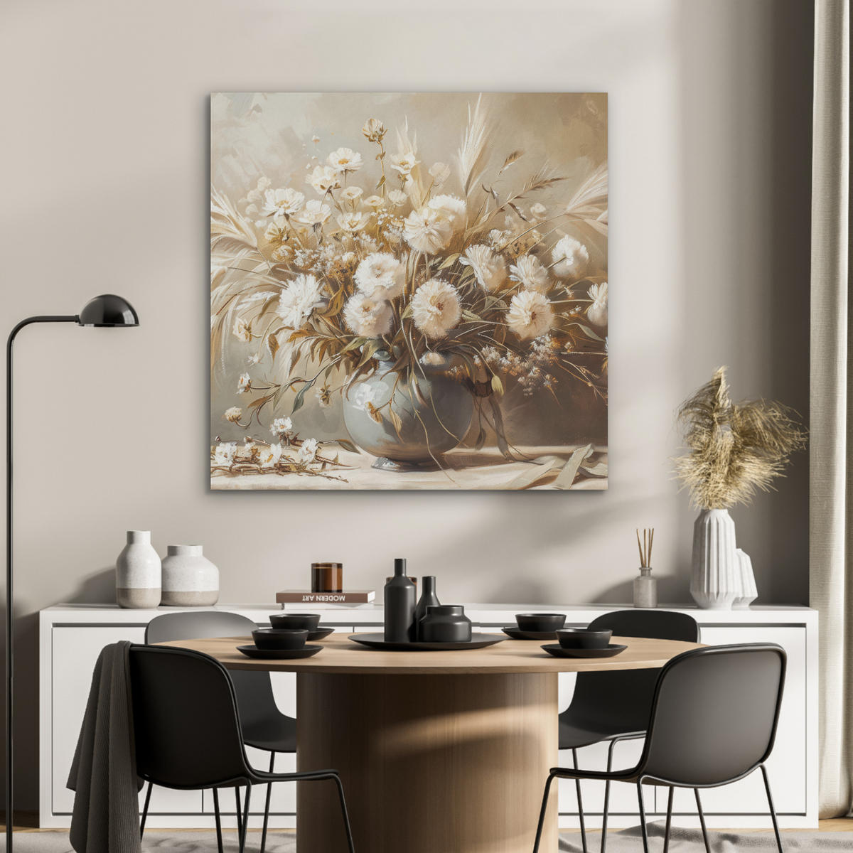 AKUSTIKPANEEL Blumen - Vase - Stilleben - Beige 90x90 cm - Creme, Textil (90/0.9/90cm) - MuchoWow