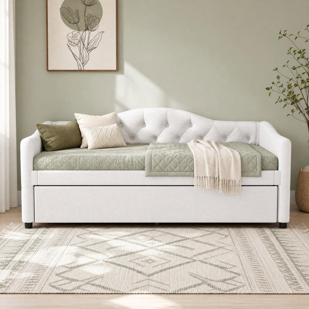 POLSTERBETT 90/200 mit Ausziehbett, Leinenbezug und MDF in Beige - Beige, Holzwerkstoff/Textil (90/200cm) - EVRYAE