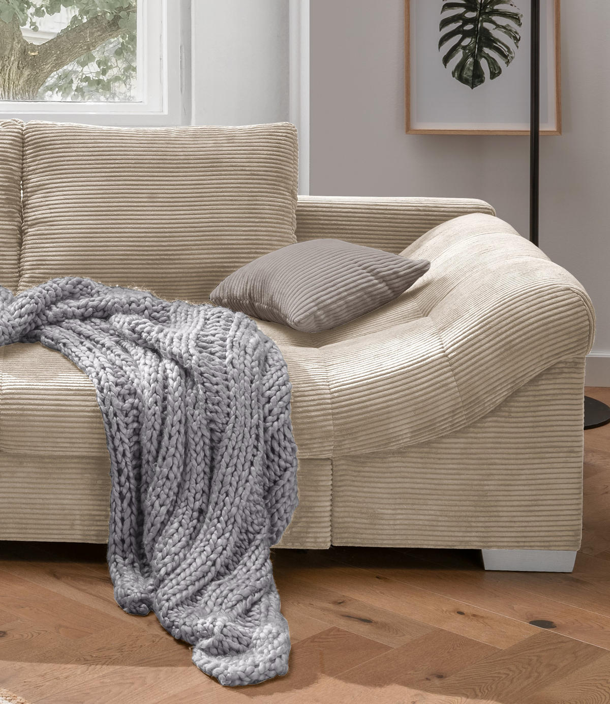 ECKSOFA mit Schlaffunktion, Wellenunterfederung, Ottomane links B298/T202/H84 cm, Liegefl. 154x227 cm, Cord Beige / 17204 - Beige/Silberfarben, Holz/Textil (298/202cm) - luma-home
