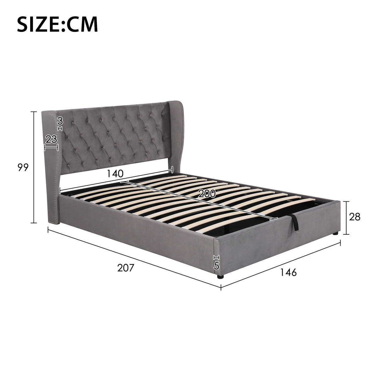 POLSTERBETT 140/200 cm Grau mit hydraulischem Bettkasten und Lattenrost - Grau, Textil (140/200cm) - OKWISH