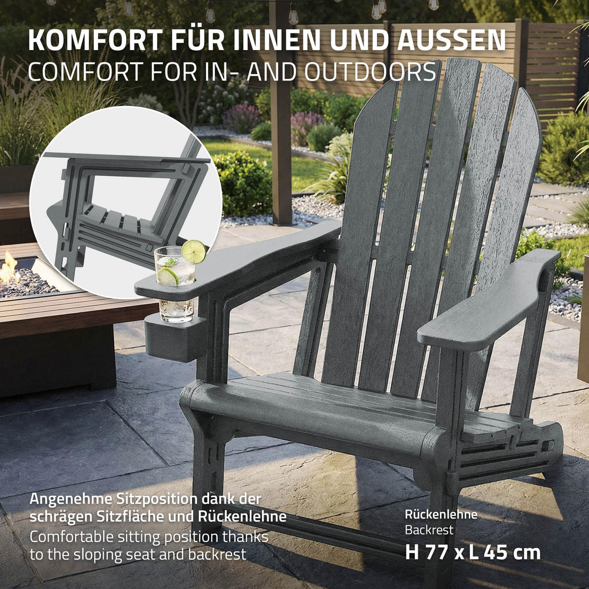 ADIRONDACK LEŽÁK s držákem na nápoje, šedý, z plastu - šedá, plast (54.5/91/76cm) - ML-DESIGN