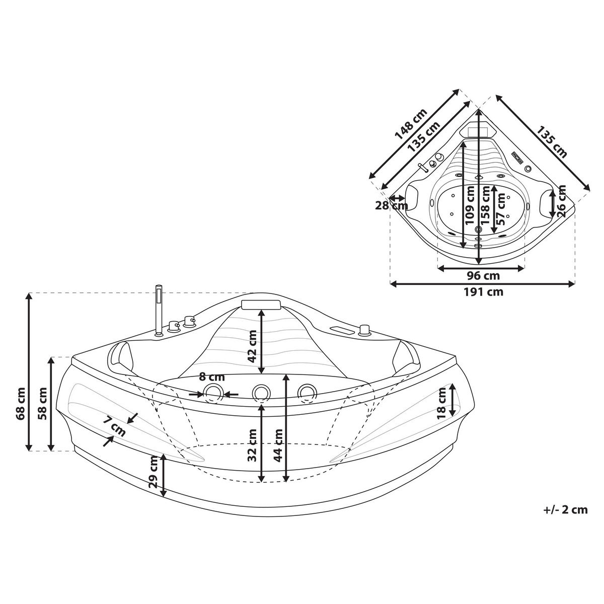 WHIRLPOOL BADEWANNE mit LED 145x210x67 cm weiß Monaco V3 - Weiß, Kunststoff (145/67/210cm) - Beliani