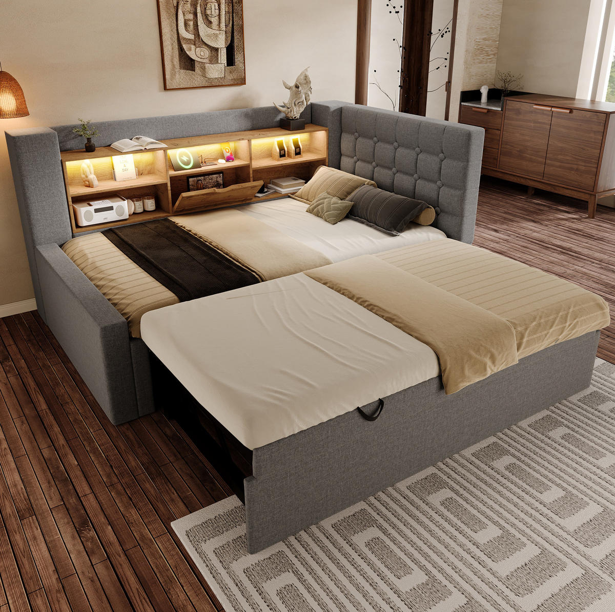 POLSTERBETT 90/200 cm grau aus Leinen und Metall mit Ausziehbett, LED und Stauraum - Grau, Textil (90/200cm) - OKWISH