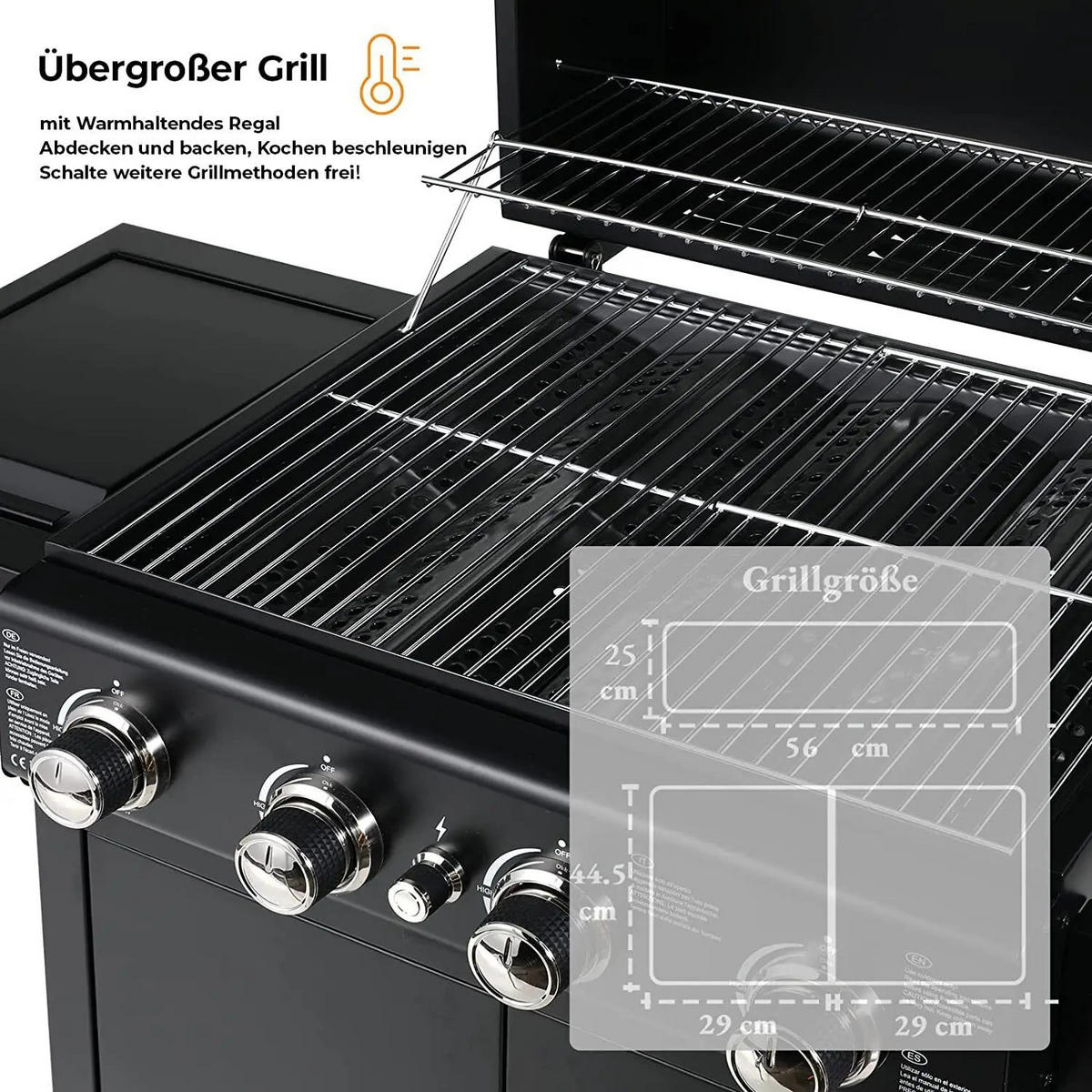 GASGRILL mit Wagen – 4 Brenner, Piezozündung, Thermometer - Schwarz, Metall (42/76/133cm) - Auledio