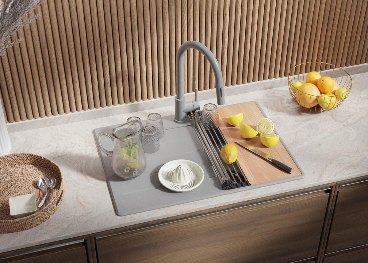 SPÜLBECKEN Kopenhagen, 2-er set Grau 70/50 cm 1 Becken + Ablauf-Set + Schneidebrett ab 40er Unterschrank - Chromfarben/Beige, Kunststoff (70/20/50cm) - Primagran