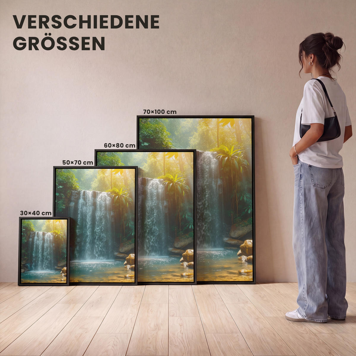 LEINWAND Bilder mit Rahmen - Wasserfall - Dschungel - Sonne - Grün - Natur - 70x100 - Grün, Textil (70/100cm) - MuchoWow