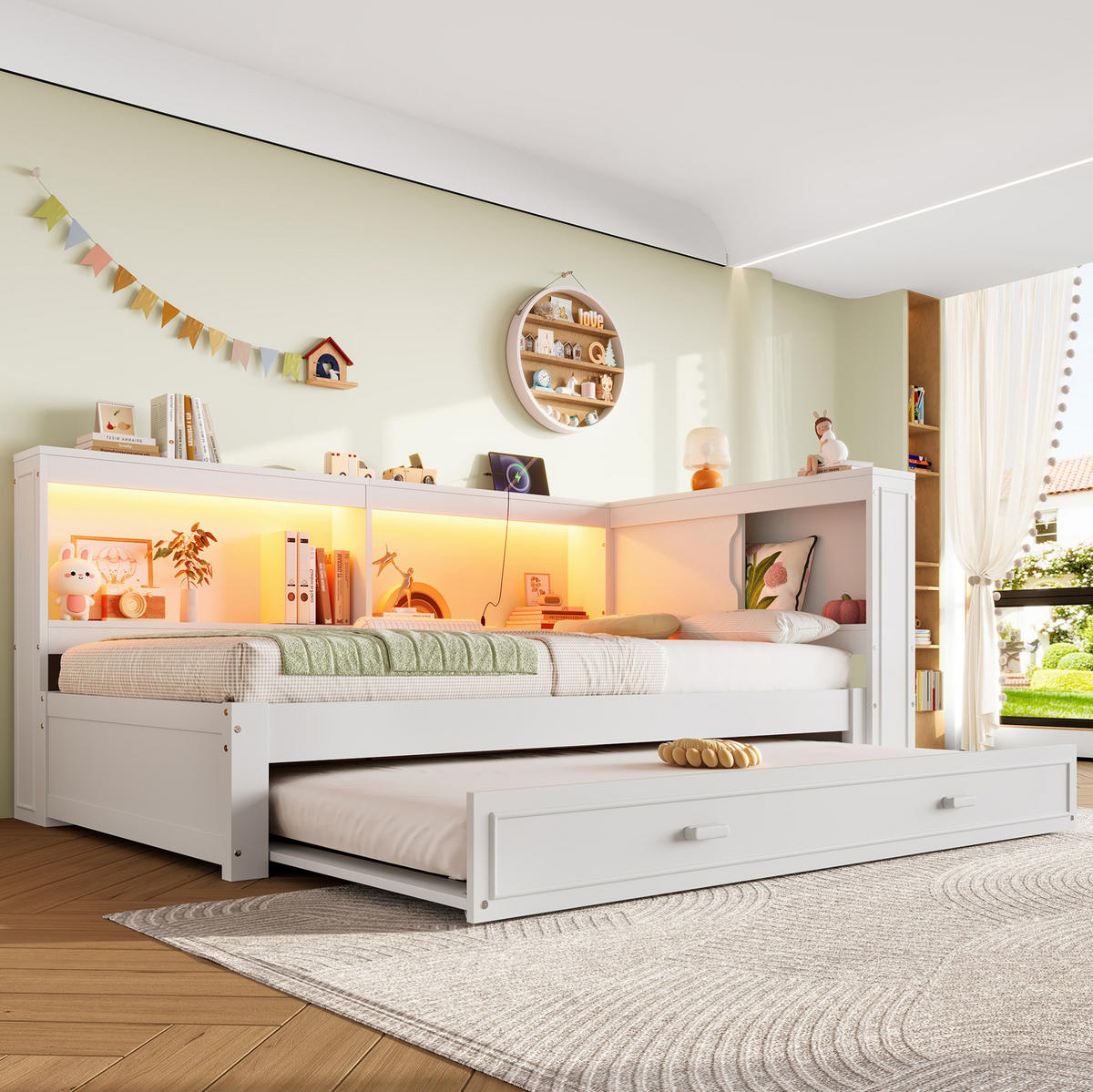 TAGESBETT 90/200 cm mit Ausziehbett, LED-Beleuchtung, USB, Typ-C und Steckdose, Kiefern , Weiß - Weiß, Holzwerkstoff (90/200cm) - Redom