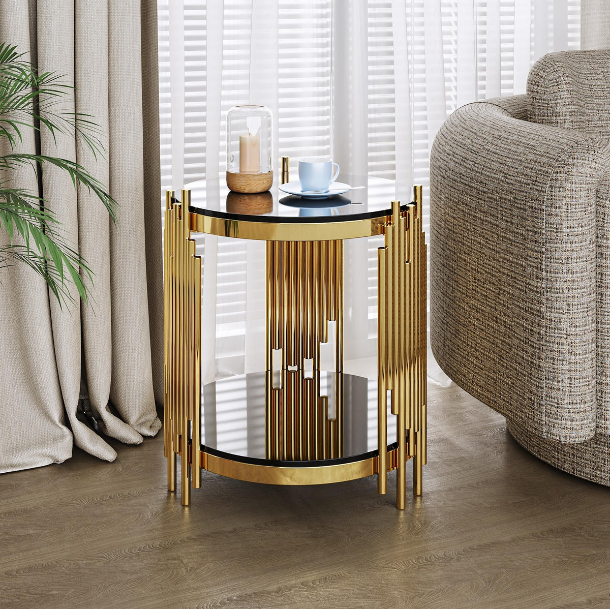 BEISTELLTISCH rund 2-stufig Schwarz Gold mit Glas - Schwarz, Glas (45/45/55cm) - Meubliv