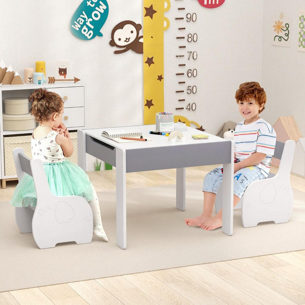 KINDERTISCH mit Stuhl hellgrau(3-tlg) - Hellgrau, Holzwerkstoff (63.5/48/61.5cm) - COSTWAY
