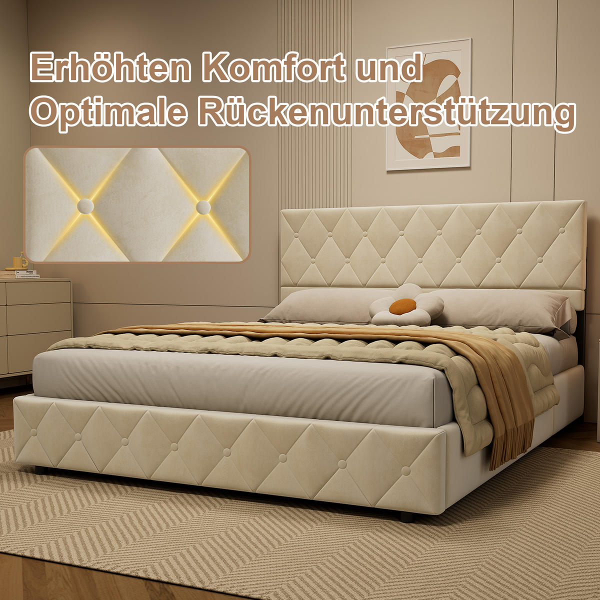 POLSTERBETT 160/200 cm mit Bettkasten in Beige Samt, ohne Matratze - Beige, Holzwerkstoff/Textil (160/200cm) - WISHDOR