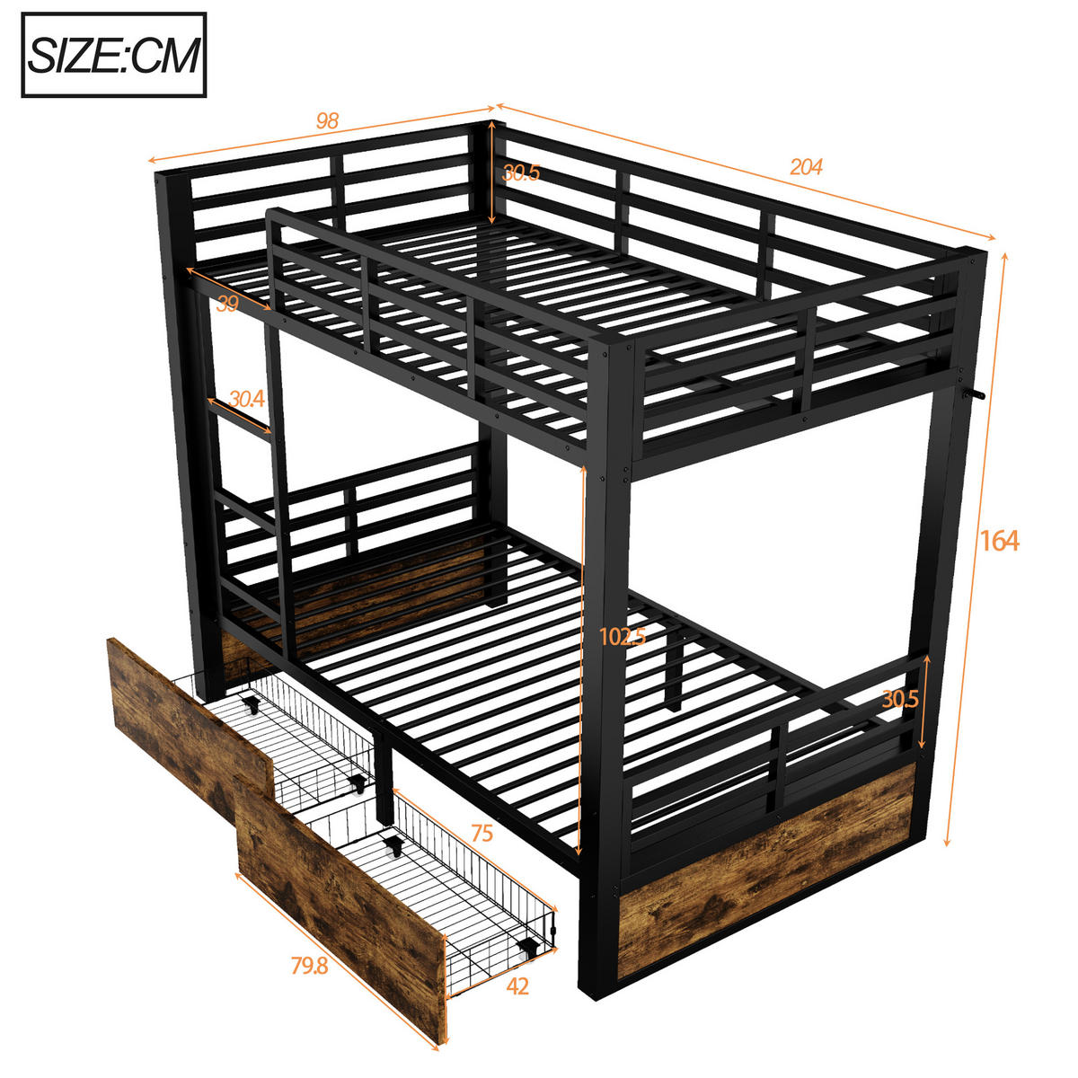 ETAGENBETT 90/200 cm & 90/200 cm in Schwarz Kinderbett mit 2 Schubladen und Leiter Metall-Design - Schwarz, Holzwerkstoff/Metall (90/200cm) - STILVORA
