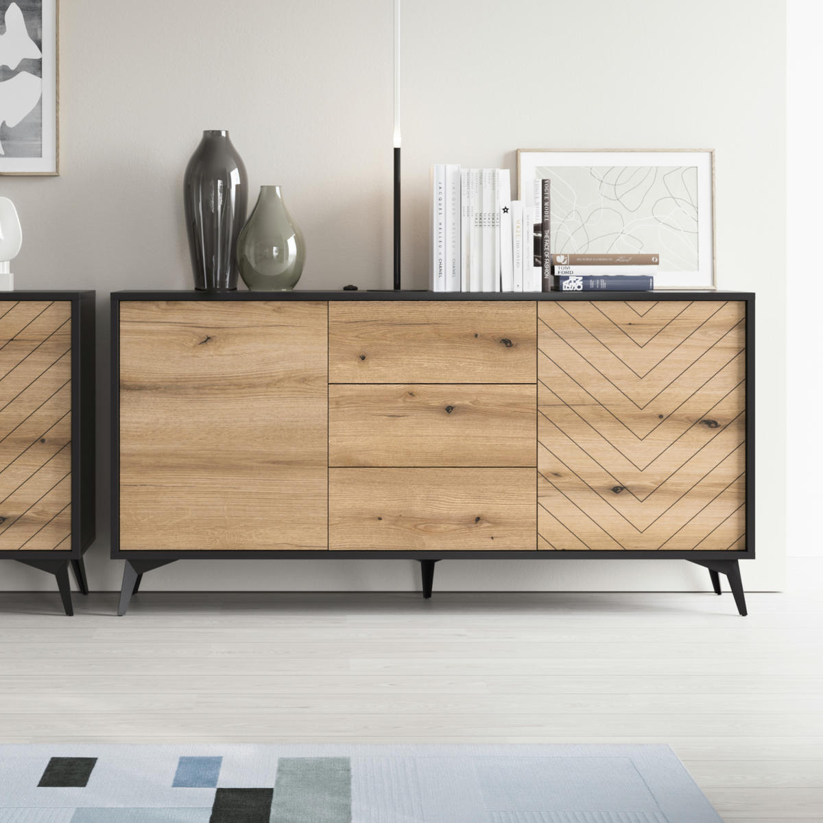 SIDEBOARD Jasper KSZ154 – Eiche Evoke, Schwarz - Eichefarben/Schwarz, Glas/Holzwerkstoff (154/77/39cm) - Komodee
