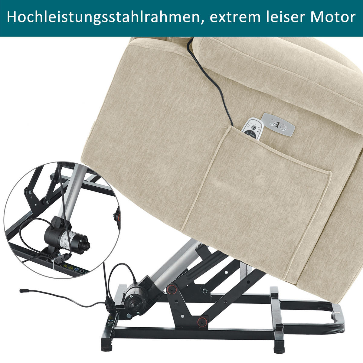MASSAGESESSEL Stoff Beige mit Massagefunktion, Heizfunktion, USB und Hebefunktion - Beige, Holzwerkstoff/Textil (95/107/94cm) - WISHDOR