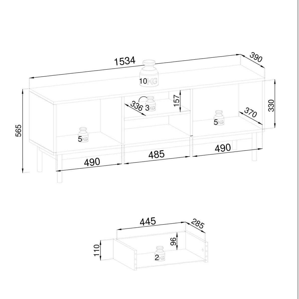 LOWBOARD GIAPPONESE 153,5x39x56,6 cm mit 1 Schubladen und 2 Türen Eichefarben - Eichefarben, Holzwerkstoff (153.5/56.6/39cm) - MASSENO