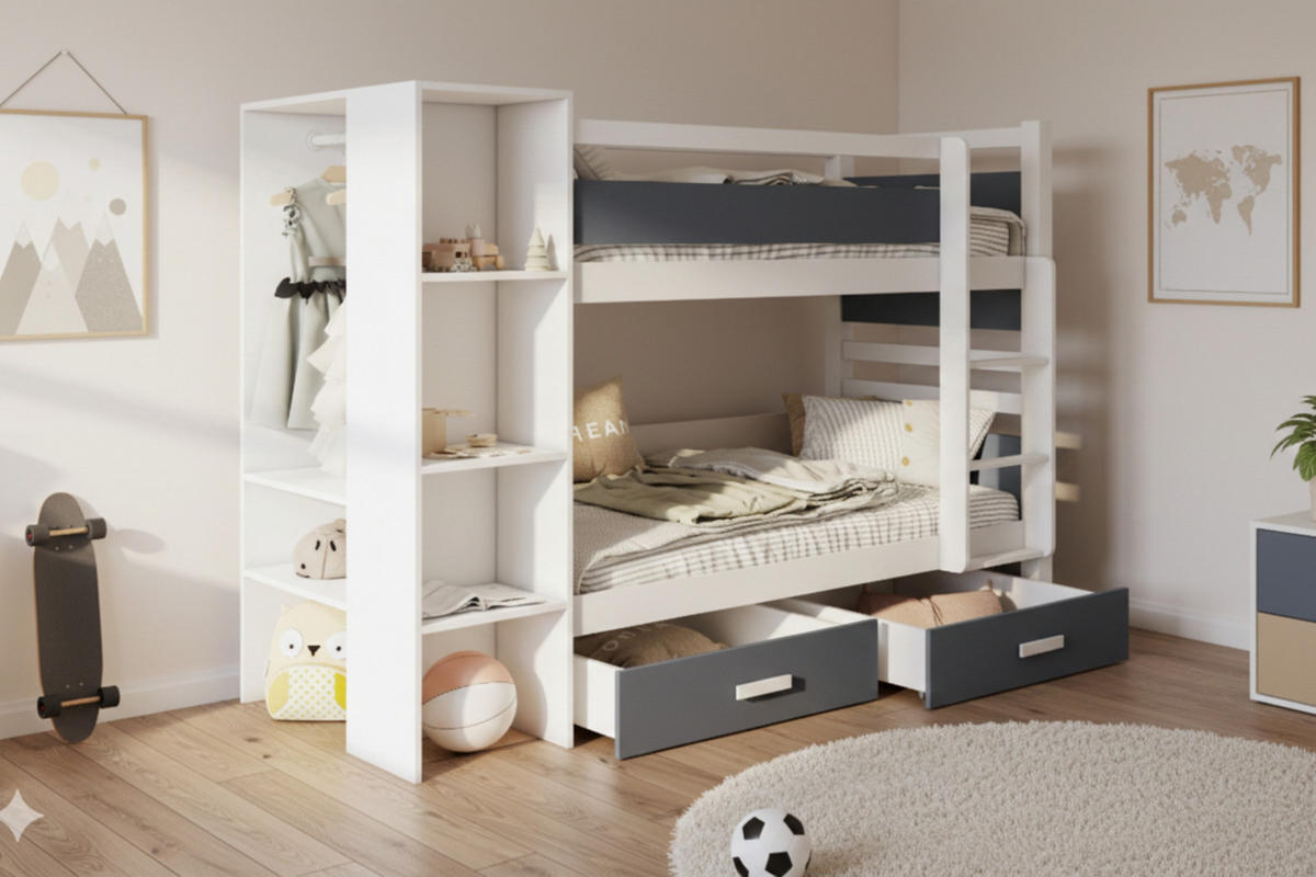 ETAGENBETT AGNES 90/200 Weiß/Graphit rechts - Graphitfarben/Weiß, Holzwerkstoff/Textil (90/200cm) - Deine Möbel 24