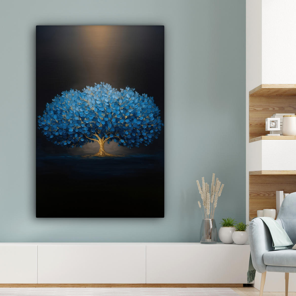 LEINWANDBILD Baum - Blau - Blätter - Pinselstriche Deko XXL 80x120 cm - Blau, Textil (80/120cm) - MuchoWow