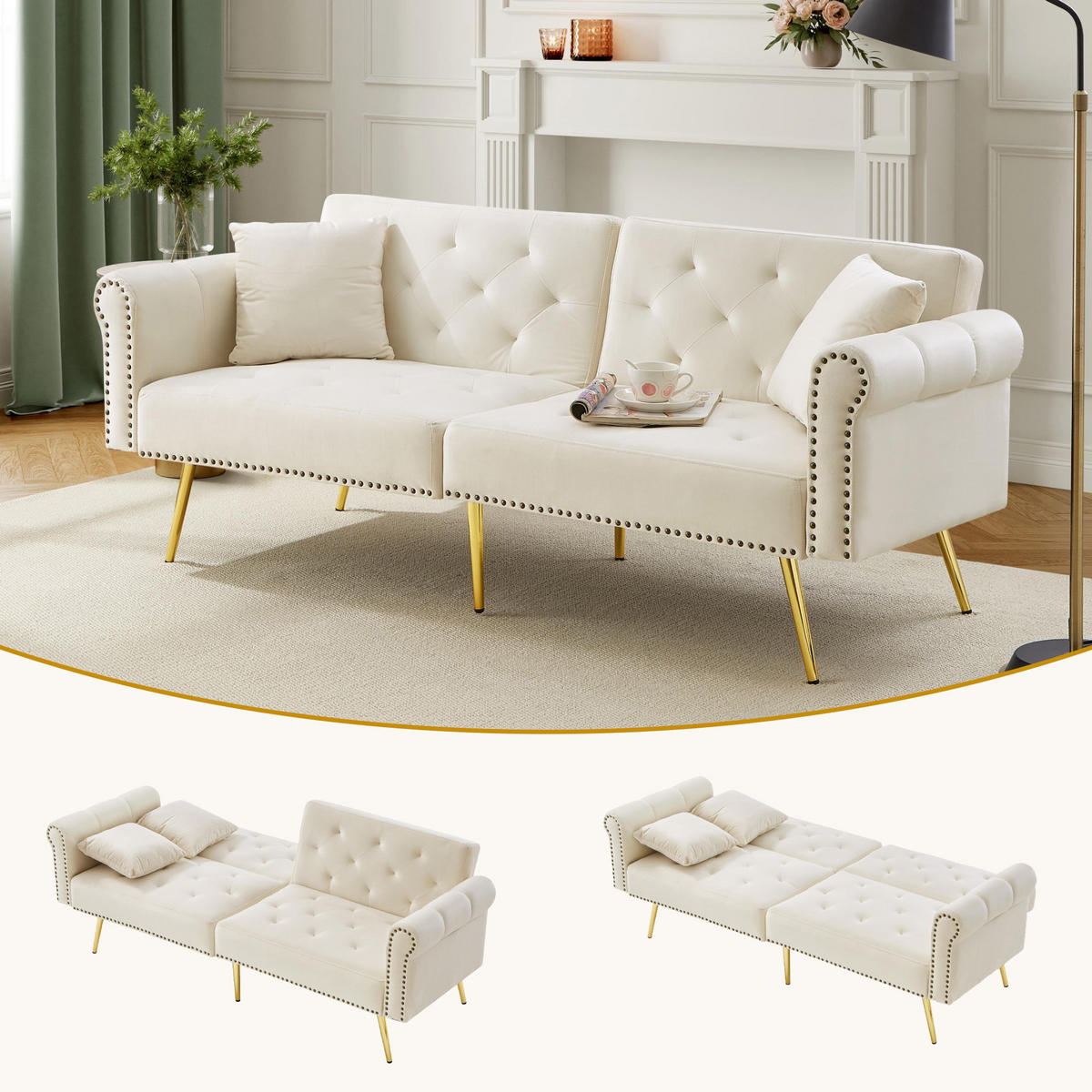 SCHLAFSOFA 2-Sitzer mit verstellbarer Rückenlehne Samt Beige 147/85/41 cm - Beige, Kunststoff (173/70/75cm) - OKWISH