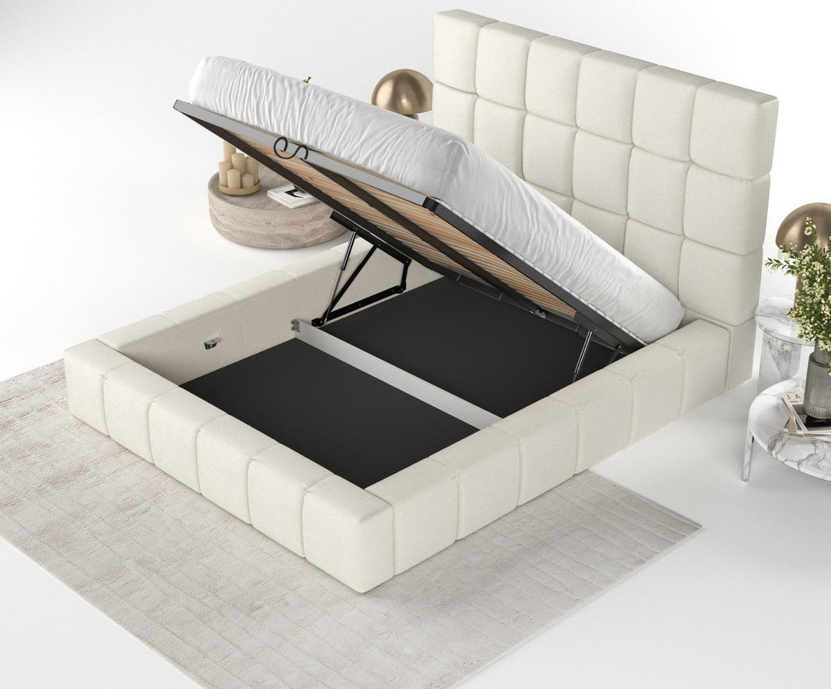 POLSTERBETT Skiathos mit Stauraum 180/200 cm Weiß im Bubble Stoff - Schwarz/Naturfarben, Holz/Holzwerkstoff (180/200cm) - AltaBeds
