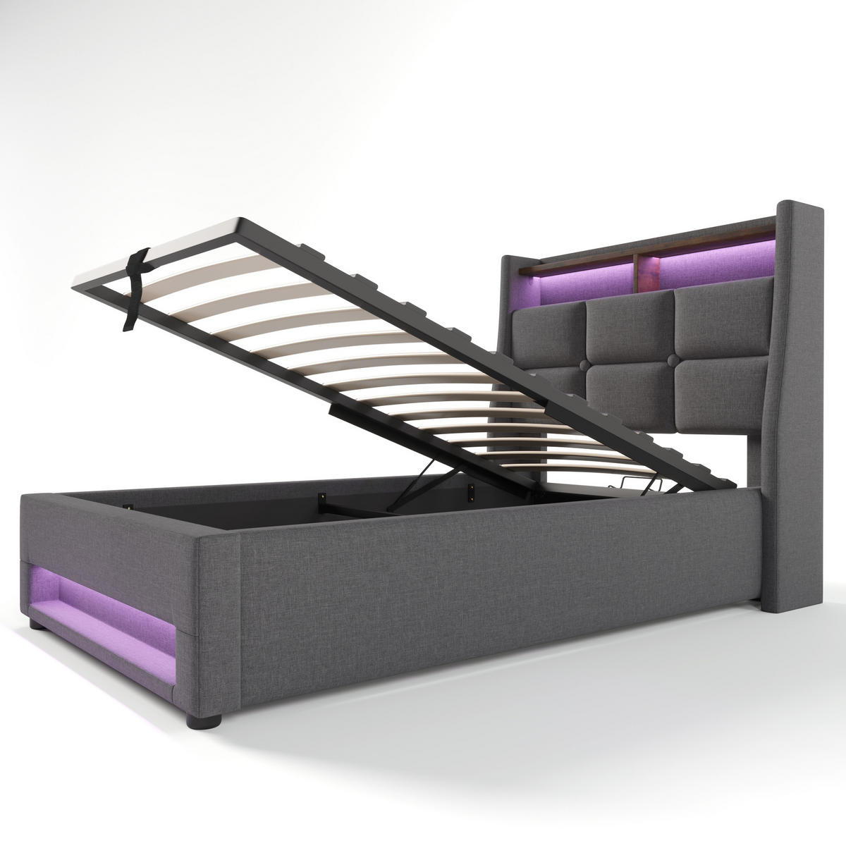POLSTERBETT 90/200 cm grau aus Leinen mit LED, USB und Stauraum - Grau, Textil (90/200cm) - OKWISH