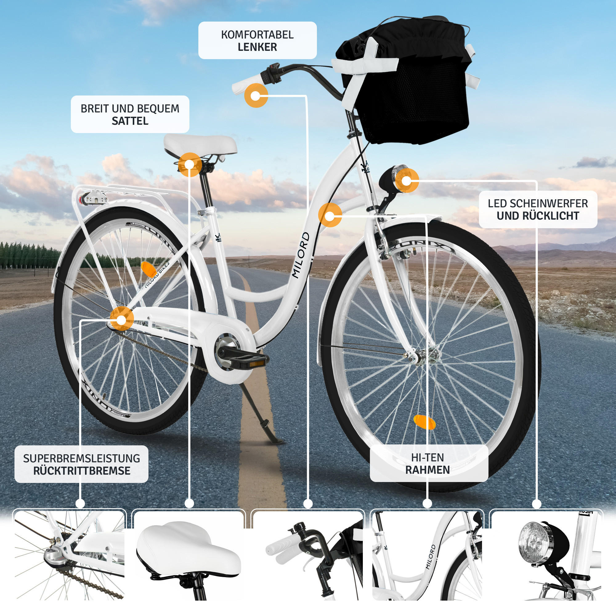 CITY-FAHRRAD Milord mit Metallkorb, 26 Zoll, Weiß, 3-Gang - Weiß, Metall (46cm) - Milordbikes