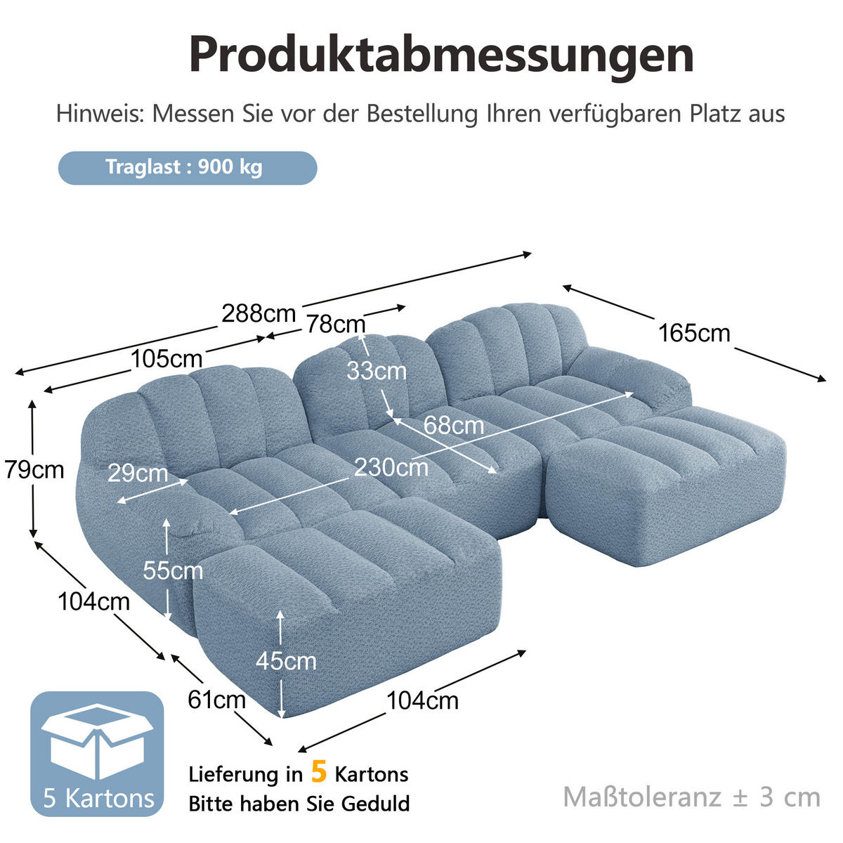 WOHNLANDSCHAFT DE-34312 3-Sitzer mit 2 Ottomans Blau - Blau, Textil (165/79/288cm) - ComfortXL