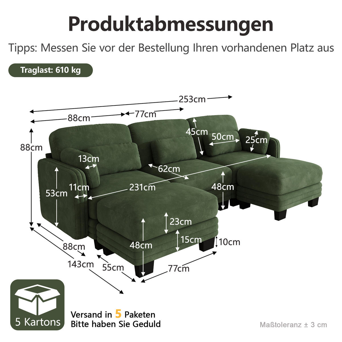 WOHNLANDSCHAFT 3-Sitzer U-Form mit 2 Ottomanen, DE-42686, Grün - Grün, Holz (253/88/143cm) - ComfortXL