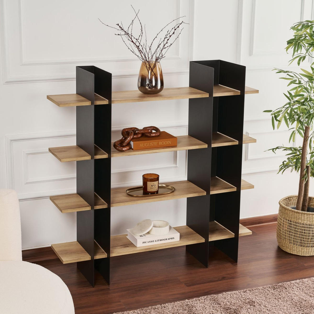 REGAL mit metallstruktur und regalböden in eichenoptik 31/120/120 cm - Schwarz, Metall (124/120/31cm) - Calicosy