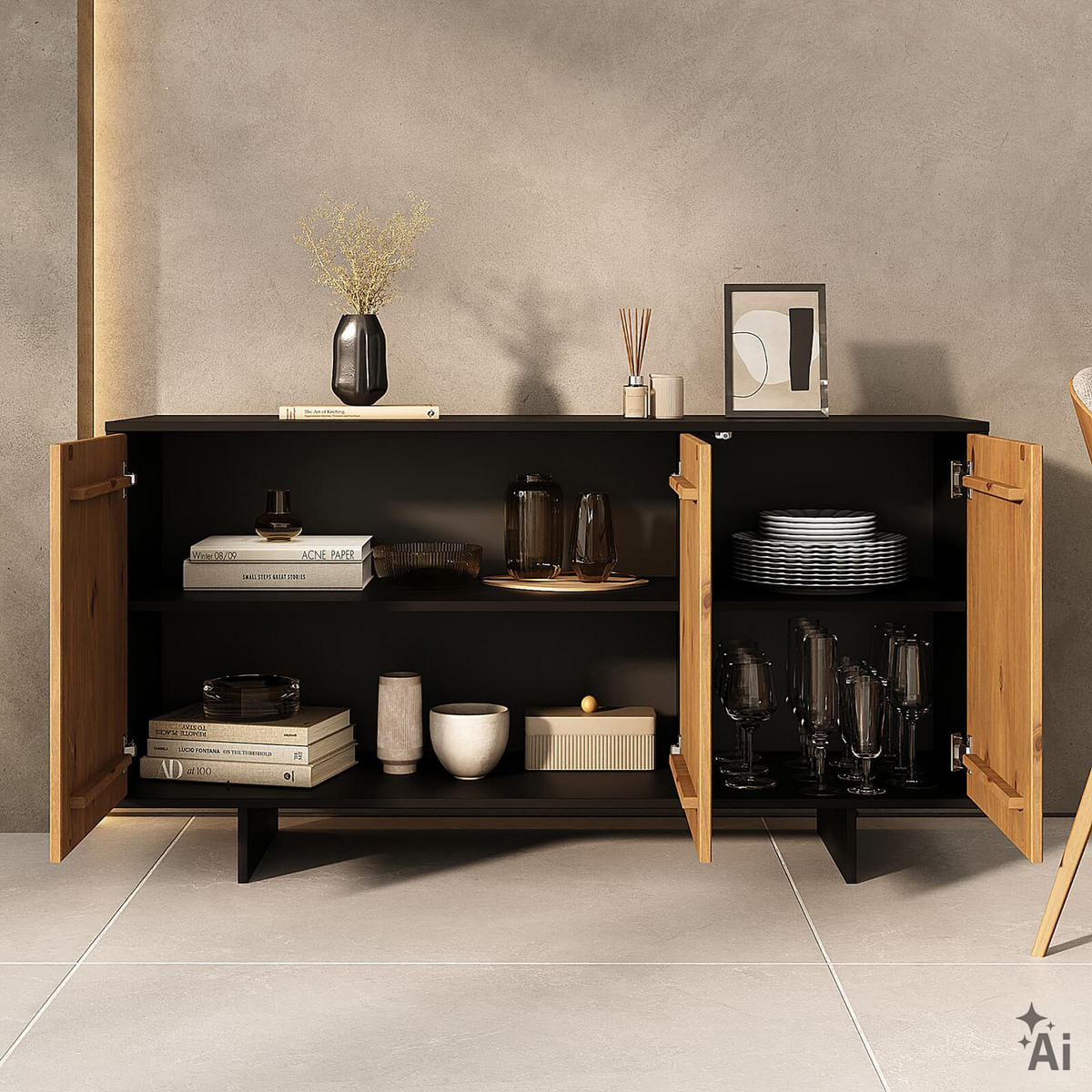 SIDEBOARD ARTO schwarz/Eiche - Eichefarben/Schwarz, Holz (137/71/41cm) - IDIMEX