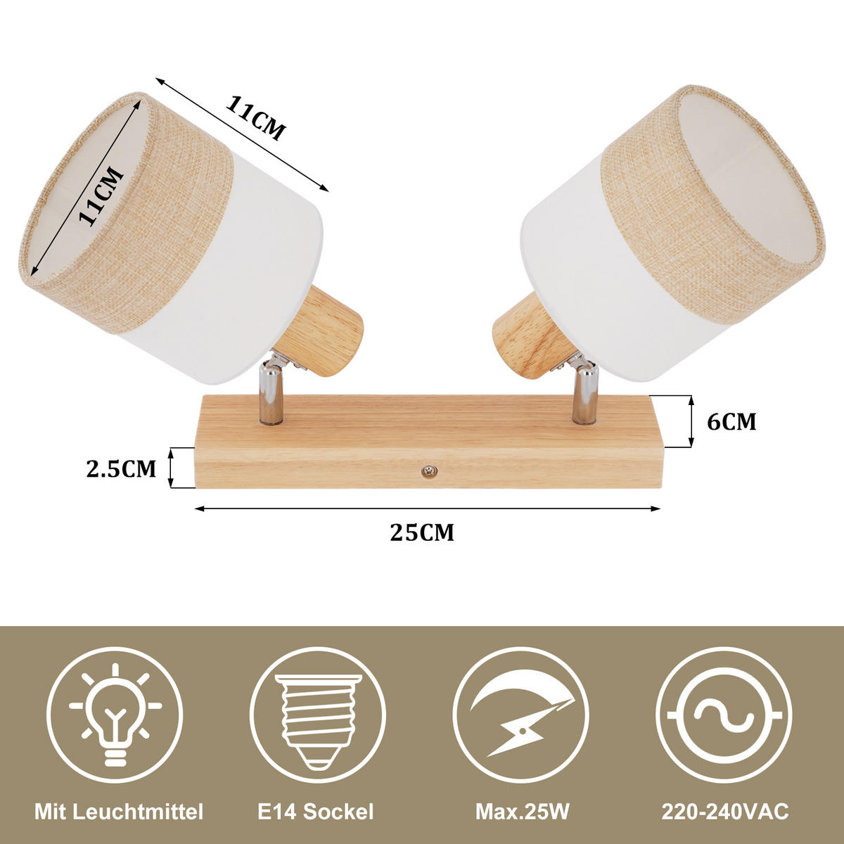 DECKENSTRAHLER Zarau 16/13/28 cm - Beige, Holz (28/16/13cm) - ZMH