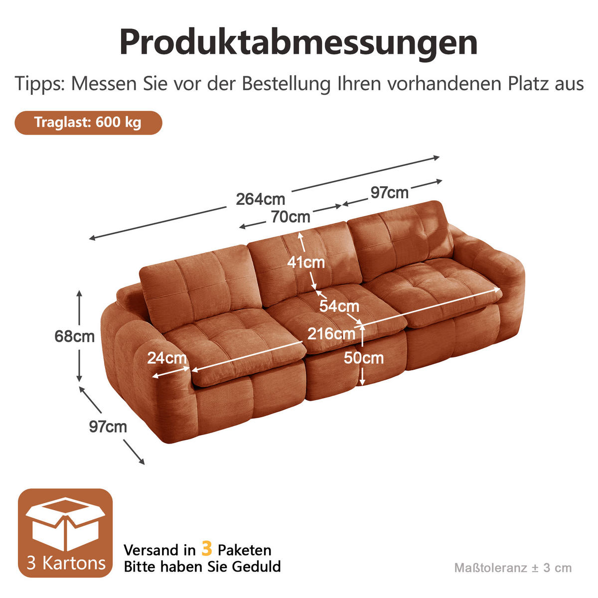 3-SITZER-SOFA DE-34464 Karostepp-Design und 32D-Schaum Orange - Orange, Textil (97/68/264cm) - ComfortXL