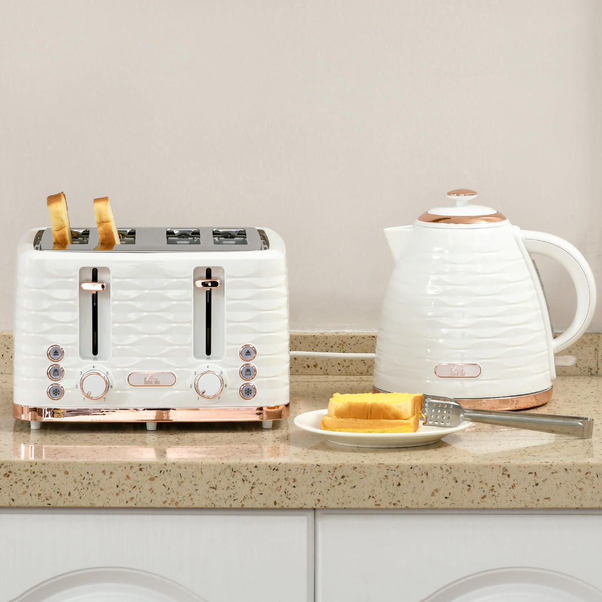 WASSERKOCHER-TOASTER-SET mit 1,7 L Wasserkocher 4 Scheiben-Toaster Cremeweiß - Creme, Kunststoff (19.5/23.2/24.1cm) - HOMCOM