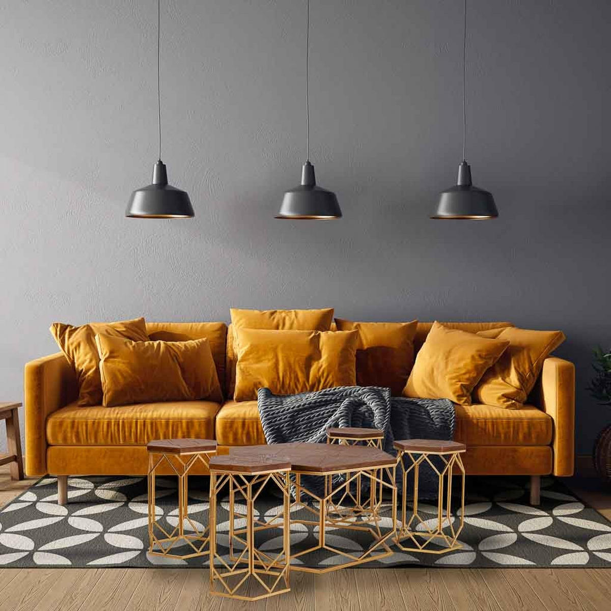 COUCHTISCH und Hocker , 5er-Set - Goldfarben, Metall (200/169/55cm) - Wanderlust