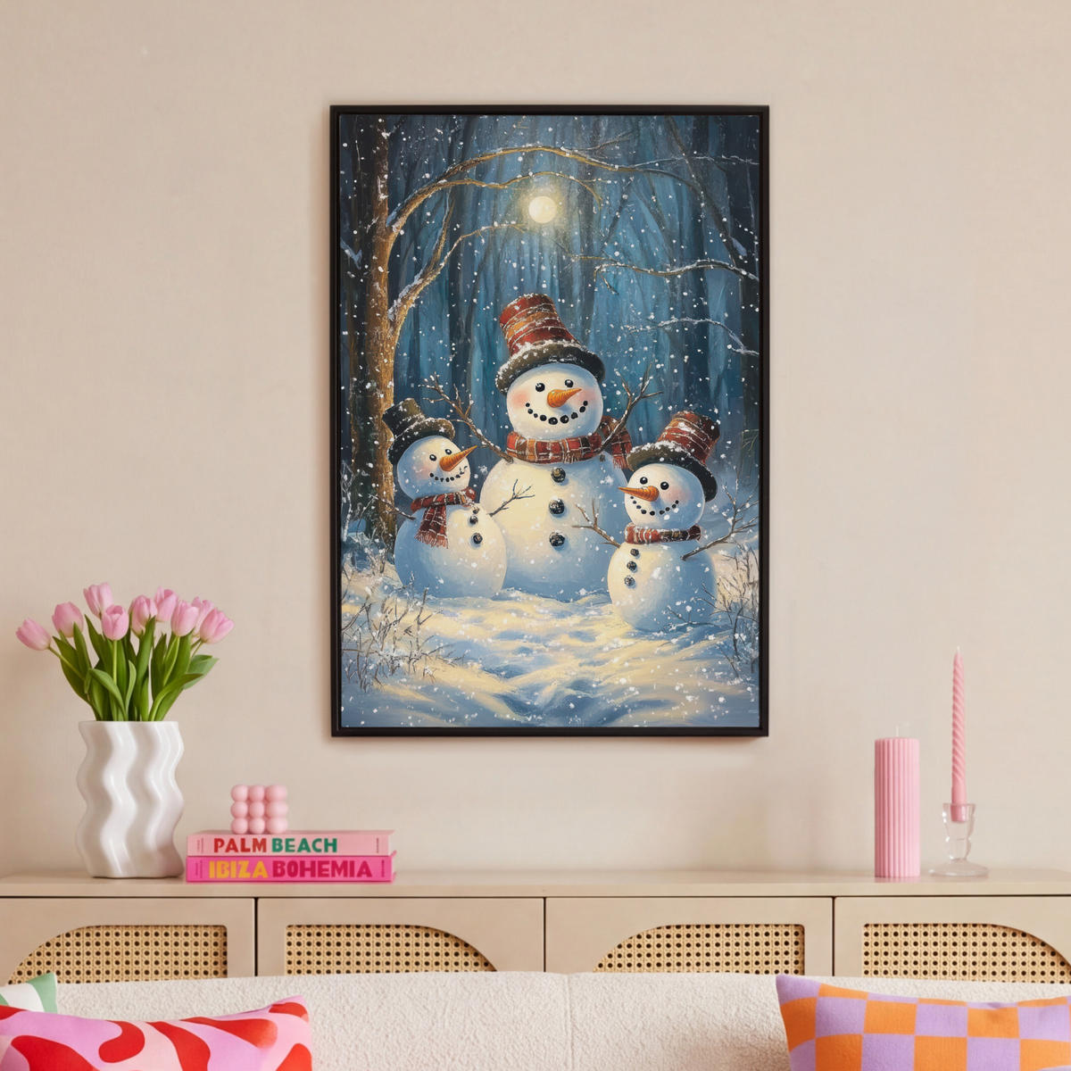 LEINWAND Bilder mit Rahmen - Schneemann - Schnee - Winter - Wald - 60x90 - Hellblau, Textil (60/90cm) - MuchoWow