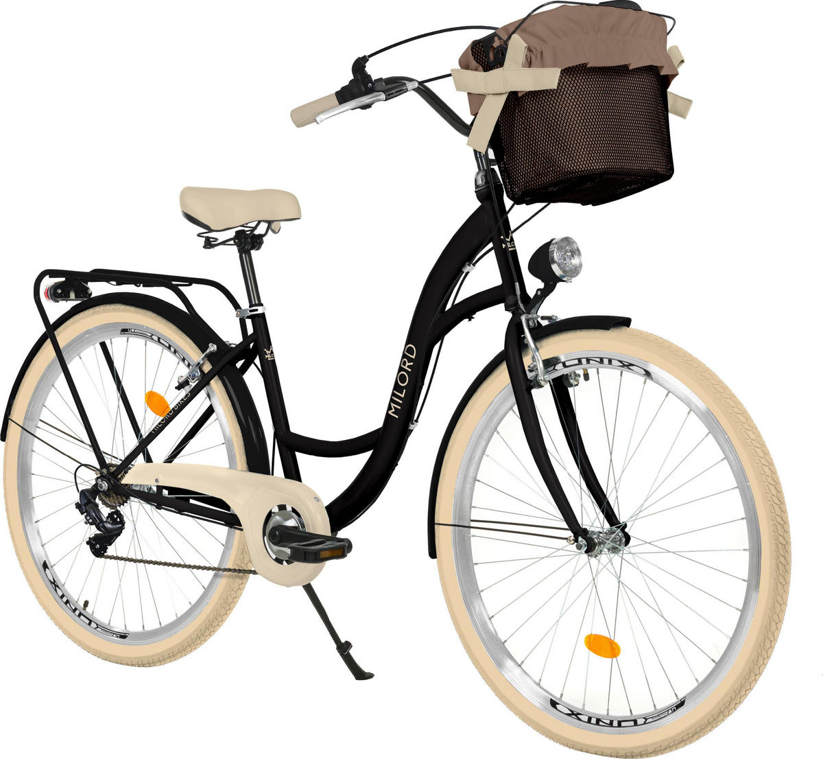 CITY-FAHRRAD Milord mit Metallkorb, 28 Zoll, Schwarz-Creme, 7-Gang - Creme/Schwarz, Metall (46cm) - Milordbikes