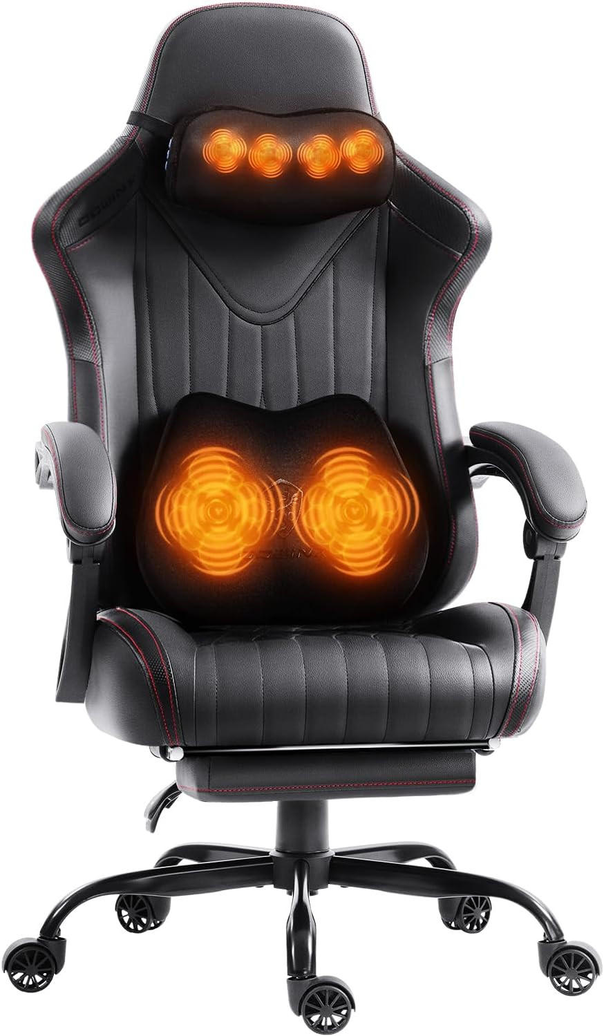 GAMING Stuhl mit Massagefunktion & Lendenwirbelstütze & Nackenstütze - Schwarz, Leder (56/123/70cm)