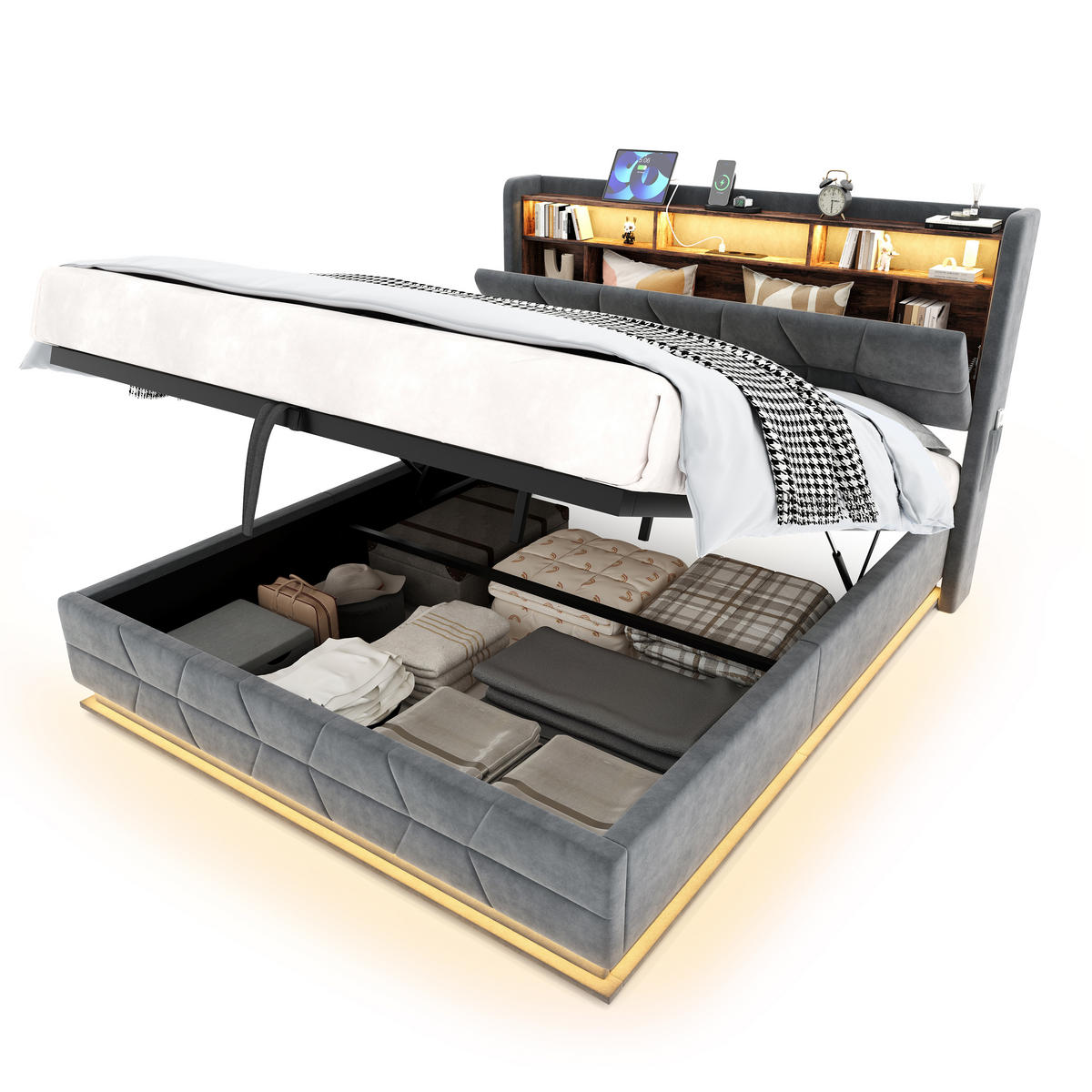 POLSTERBETT aus Velvet 160x200 cm in Dunkelgrau mit LED & USB/Type-C - Dunkelgrau, Textil (160/200cm) - Modfu