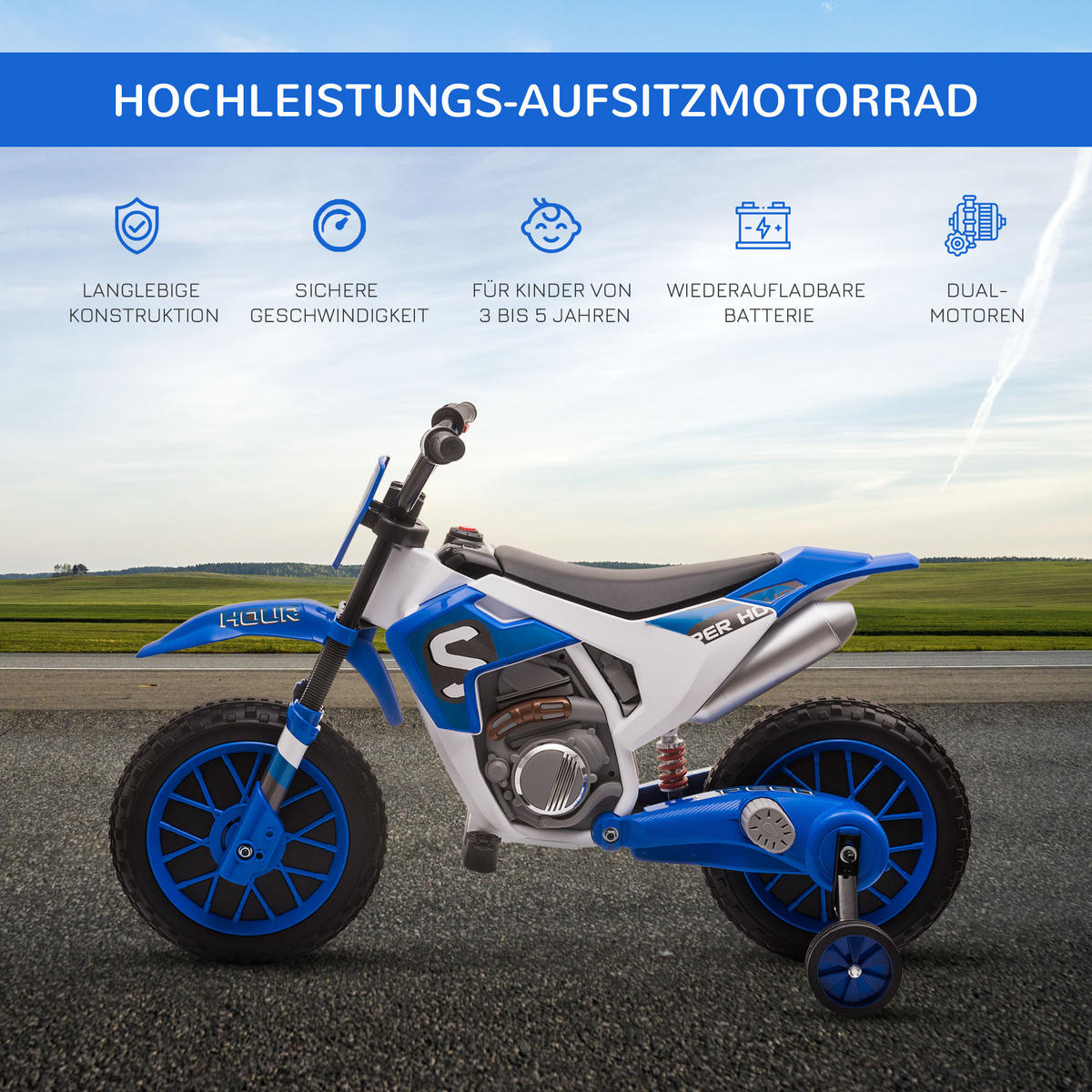 ELEKTRO KINDERMOTORRAD, Blau/Grün/ Rot, PP+ Metall - Blau, Kunststoff (106.5/51.5/68cm) - HOMCOM