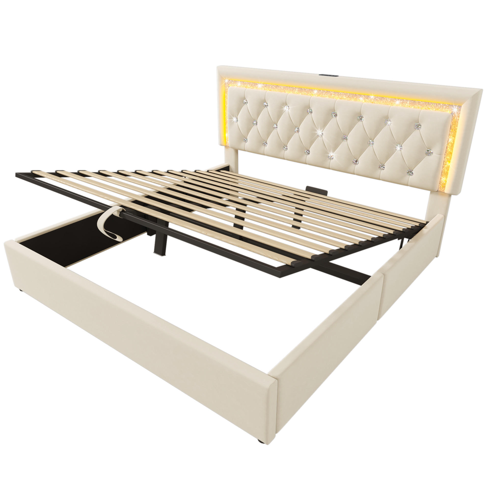 STAURAUMBETT 160/200 cm DE-00645, in Beige, Hydraulischem Bettkasten - Beige, Metall (160/200cm) - ComfortXL