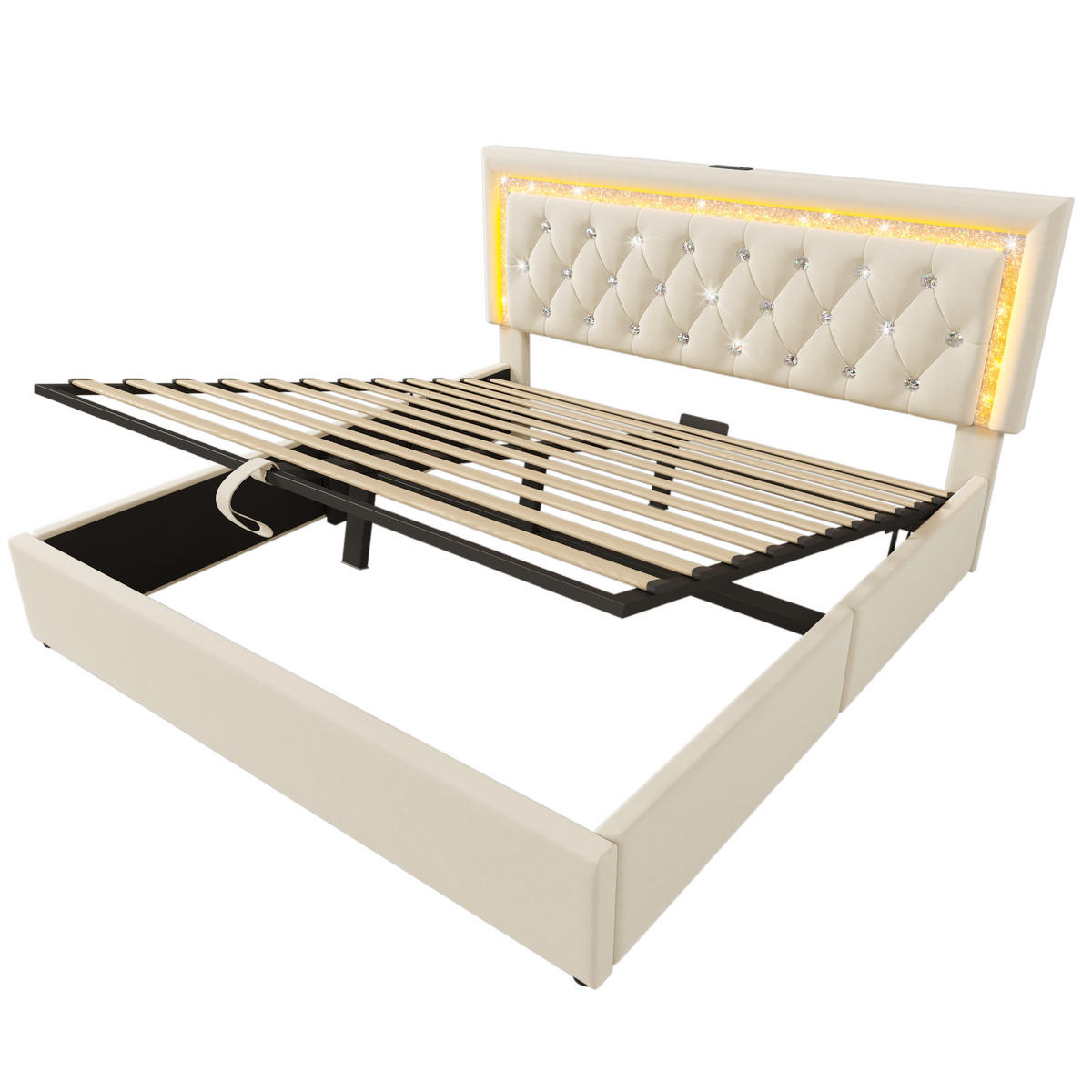 POLSTERBETT aus Samt 140x200 cm in Beige mit LED & USB-C & Matratze - Beige, Textil (140/200cm) - Modfu