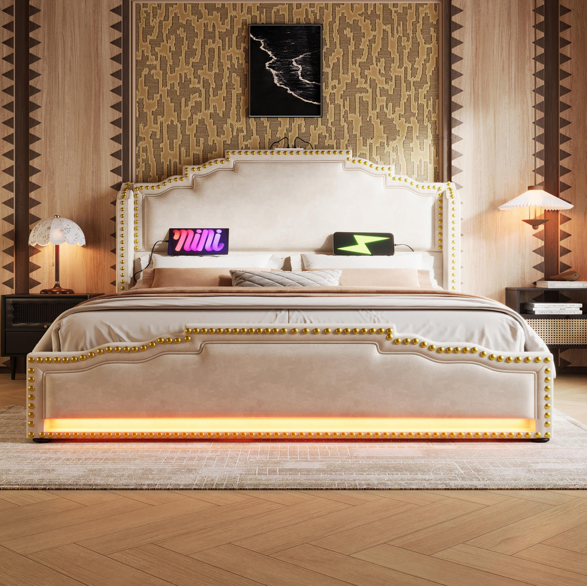 POLSTERBETT 180/200 cm aus Samt mit LED-Beleuchtung, USB-C und 4 Schubladen Beige - Beige, Textil (180/200cm) - Modenvie