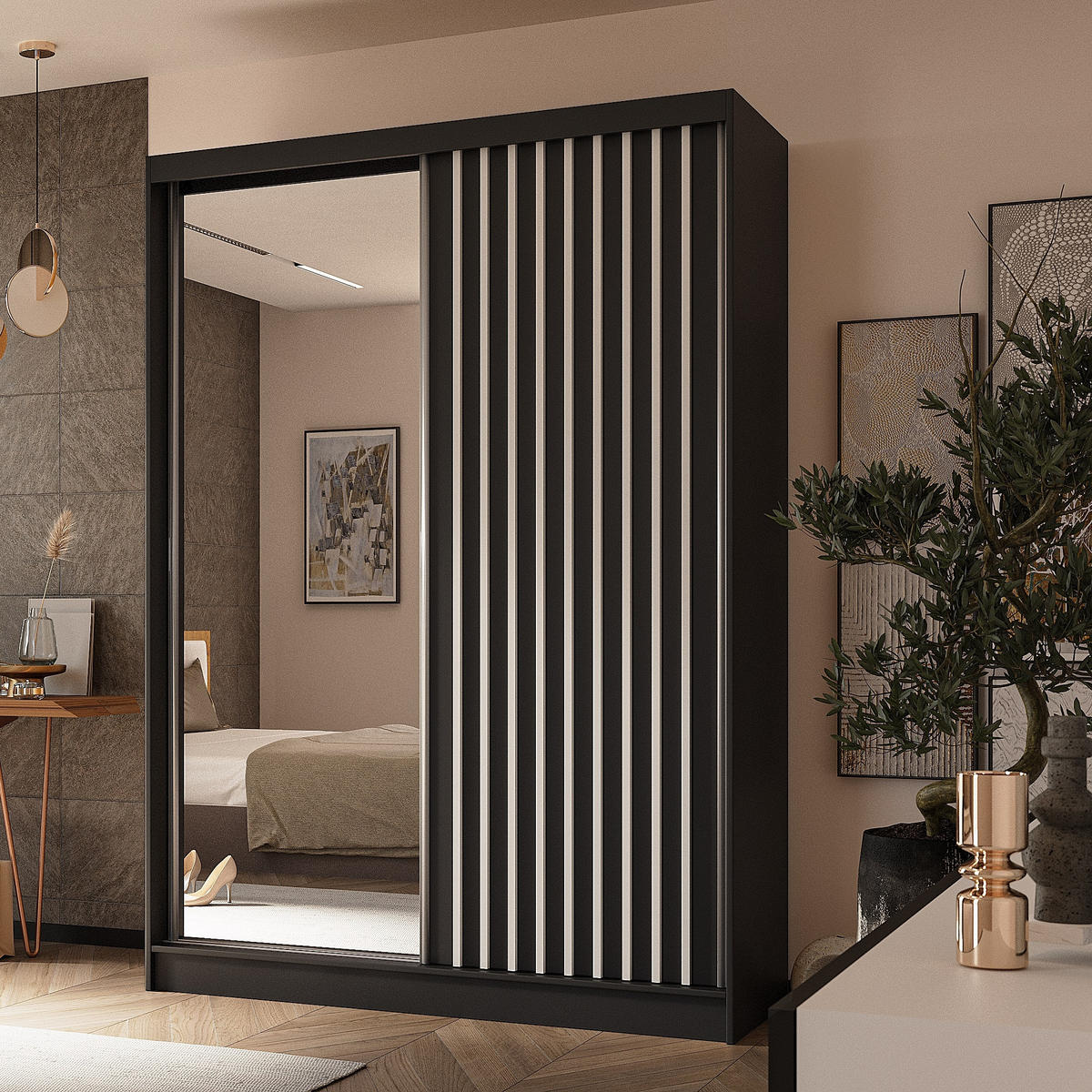 SCHWEBETÜRENSCHRANK LAMELLO 150/216/61 cm 2-türig mit Spiegel Schwarz - Schwarz, Holzwerkstoff (150/216/61cm) - MASSENO