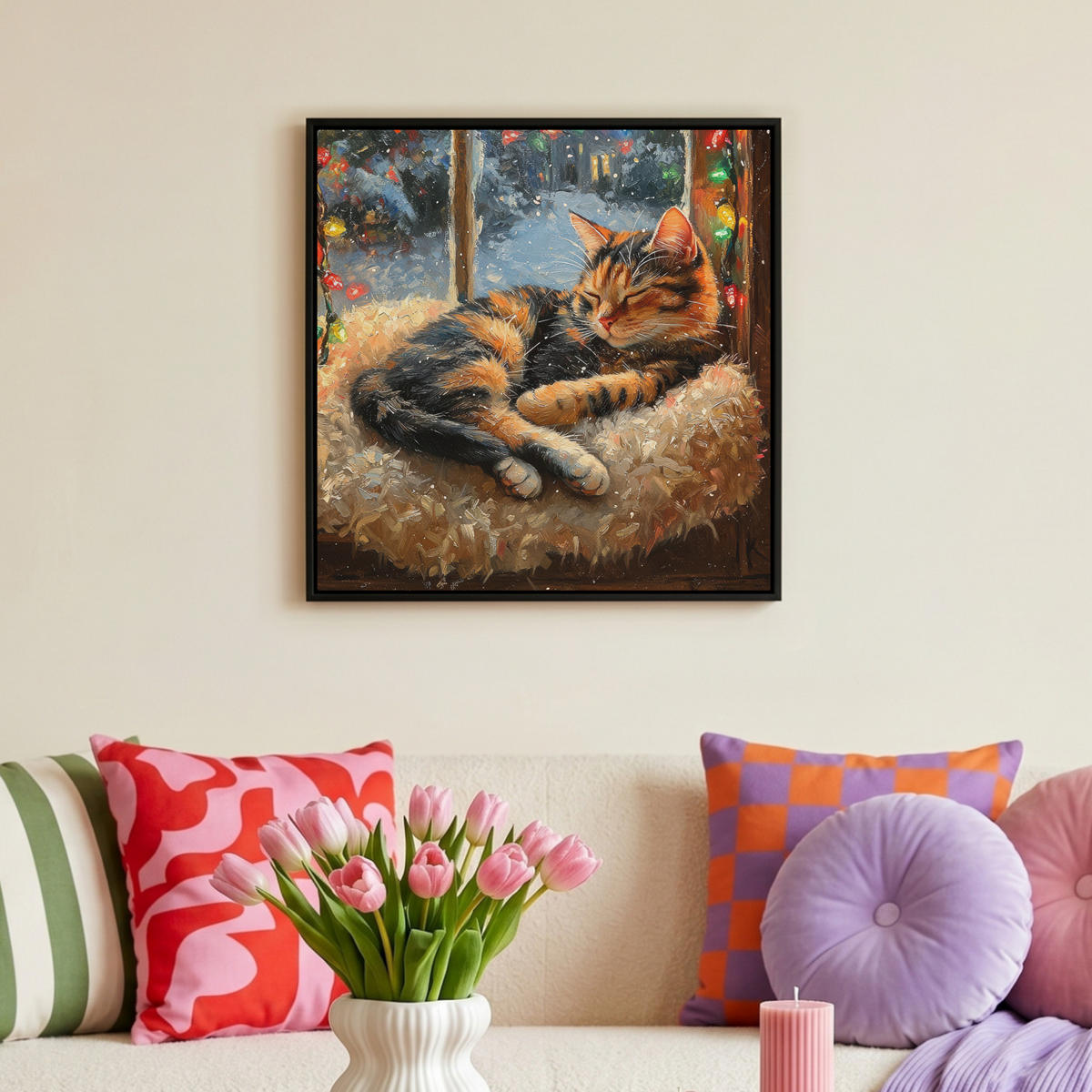 LEINWAND Bilder mit Rahmen - Katze - Weihnachten - Winter - Tier - 50x50 - Bernsteinfarben, Textil (50/50cm) - MuchoWow