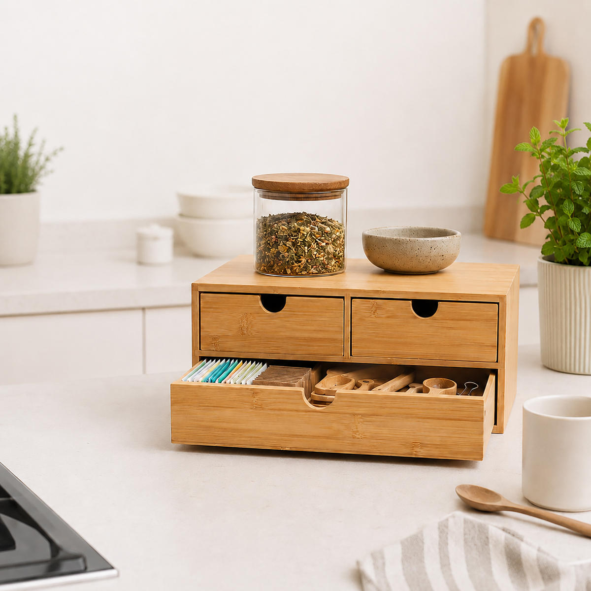 SCHUBLADENBOX Natur Bambus 14x33x21 cm - Hellbraun, Holz (21/33/13.5cm) - Relaxdays