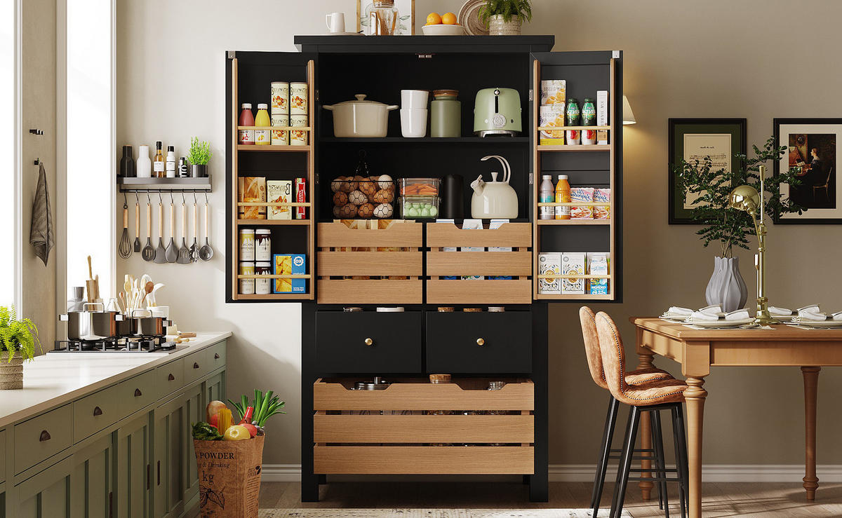 HIGHBOARD 80/40/140 cm in Schwarz mit 5 Schubladen und 2 Türen - Schwarz, Holzwerkstoff (80/140/40cm) - Flora Grace