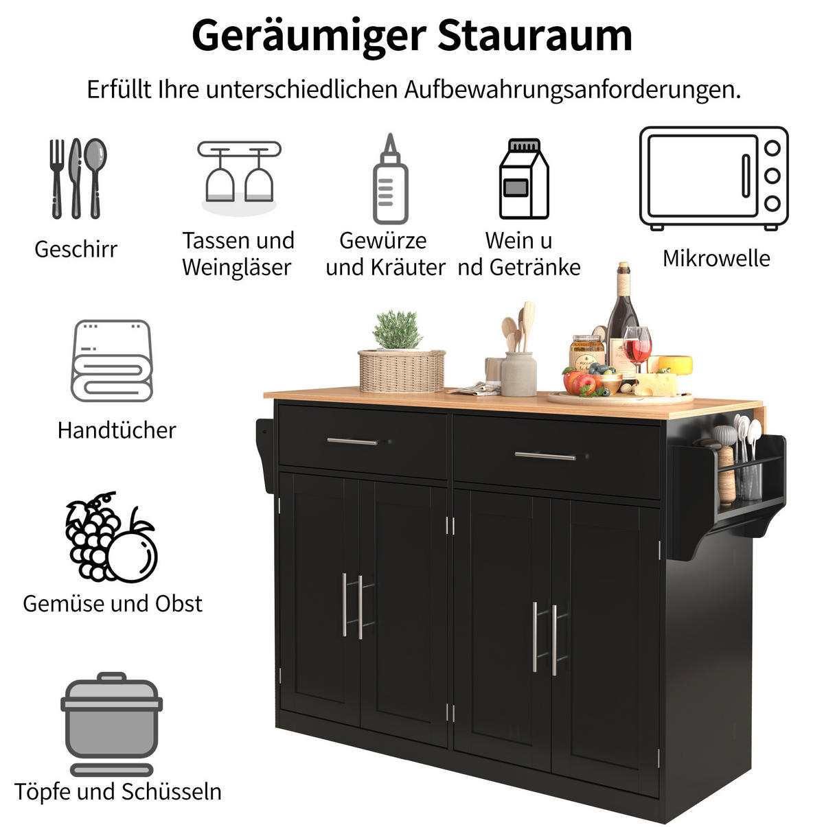 KÜCHENWAGEN 120/46/91,5 cm in Schwarz/Natur mit klappbarer Tischplatte und Rollen - Schwarz, Holzwerkstoff (120/91.5/71cm) - Flora Grace